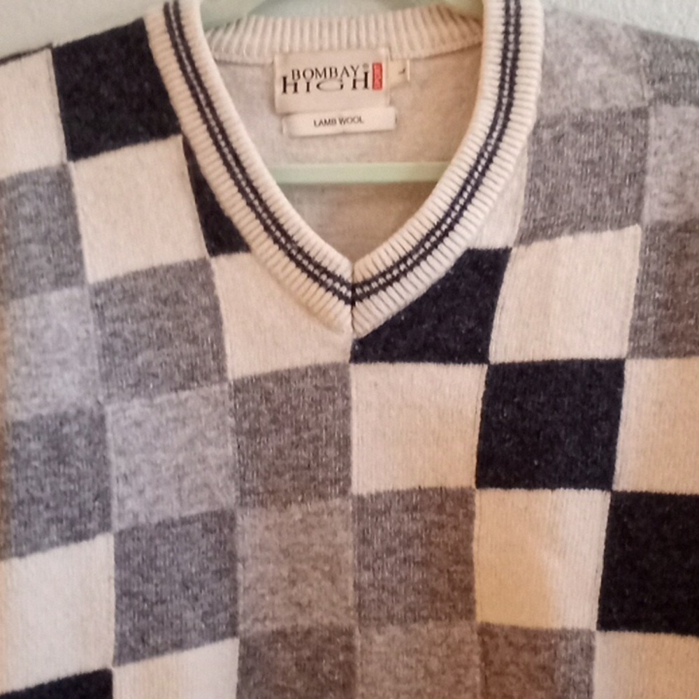 Bombay High Sport Classic Lamb Wool Preppy Checkered V-Neck Long Sleeve Sweater - Picture 3 of 5